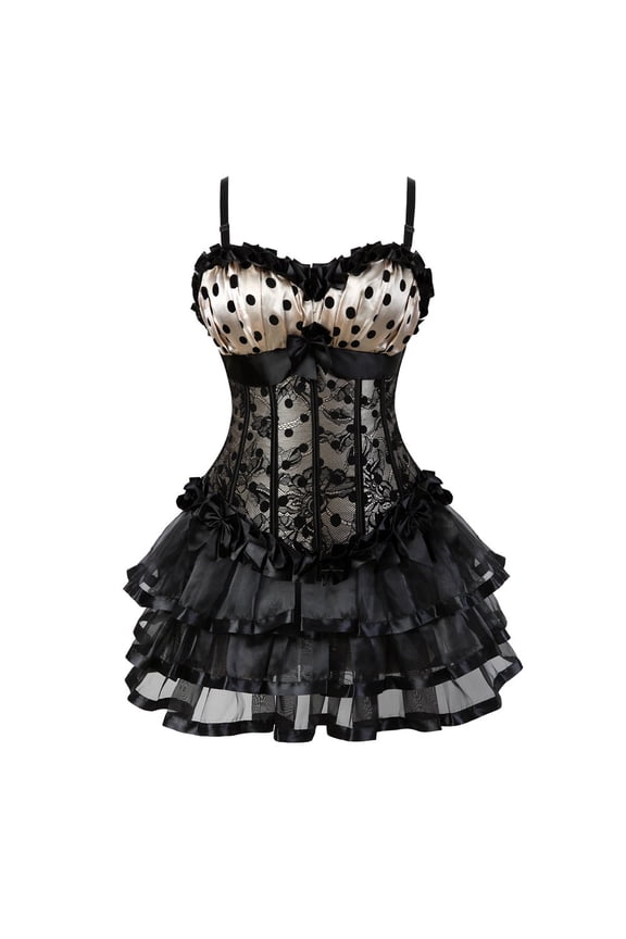 Gothic Polka DOTS Corset with Multi Layer lace Skirt S Beige