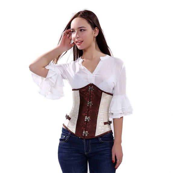 Grebrafan Gothic Steel Boned Corset Underbust for Slimming Brown XXS