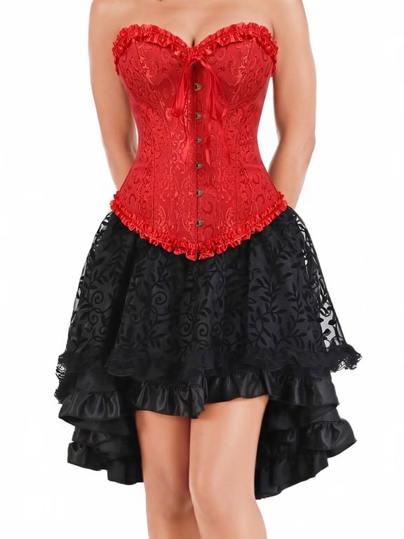 Women Party Showgirl Red Corset and Black Gothic Skirt Set XXS