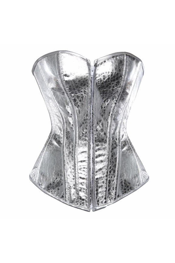 Punk Sequin Leather Corset Bustier with Zipper Silver 2XL