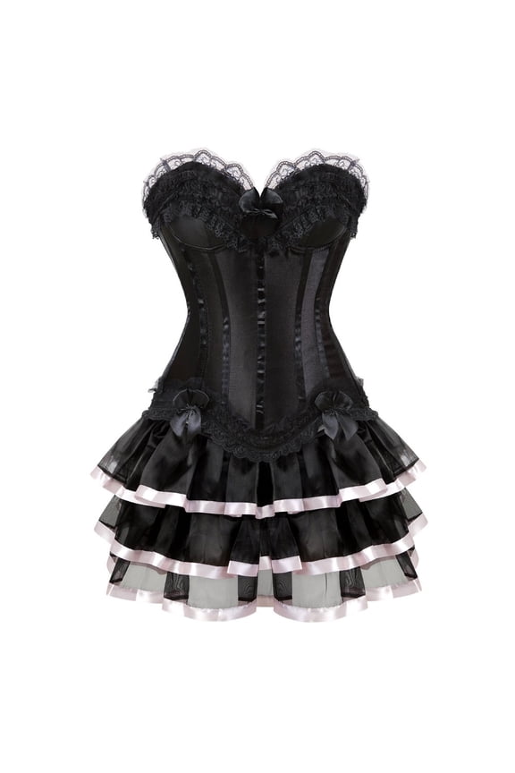 Push-up Slimming Corsets Bustier with Multi Layer lace Skirt M Pink