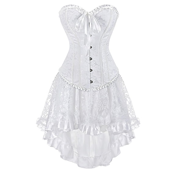 Grebrafan Renaissance Corsets Bustiers with Steampunk Skirt Women L White