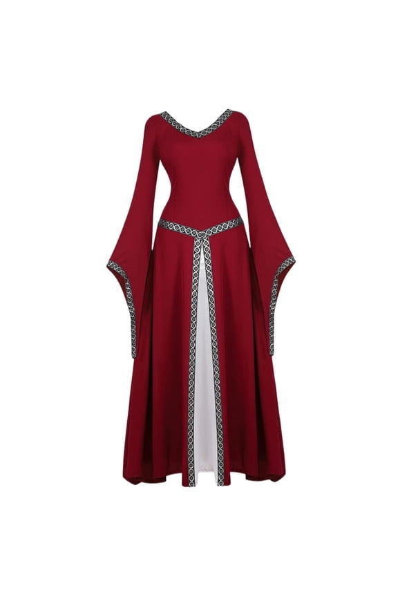 Renaissance Women Medieval Fancy Dress Queen Gown Retro L Wine Red