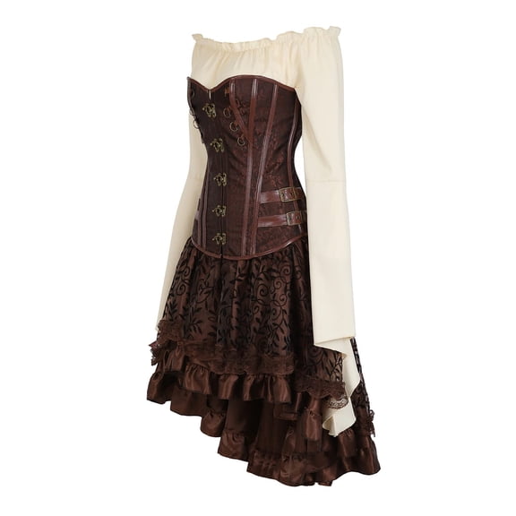 Grebrafan Women 3-Piece Steampunk Costume Set (Blouse, Gothic Corset, Skirt) 2XL Brown
