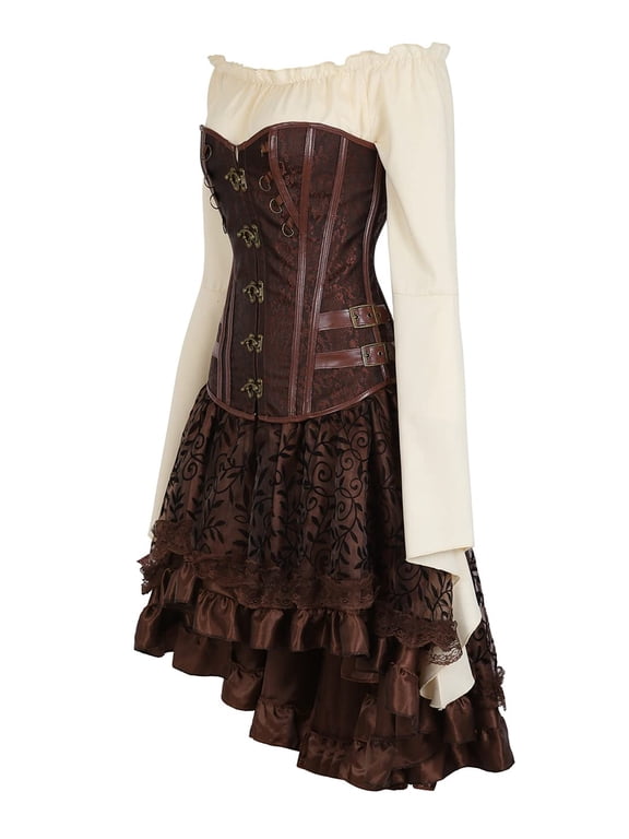 Women 3-Piece Steampunk Costume Set (Blouse, Gothic Corset, Skirt) 2XL Brown