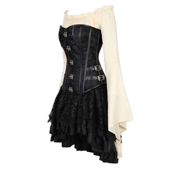 Grebrafan Women 3-Piece Steampunk Costume Set (Blouse, Gothic Corset, Skirt) 5XL Black