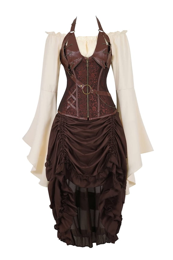 Steampunk Beige Blouse, Leather Corset and Pirate Skirt 3 Piece Set L Brown