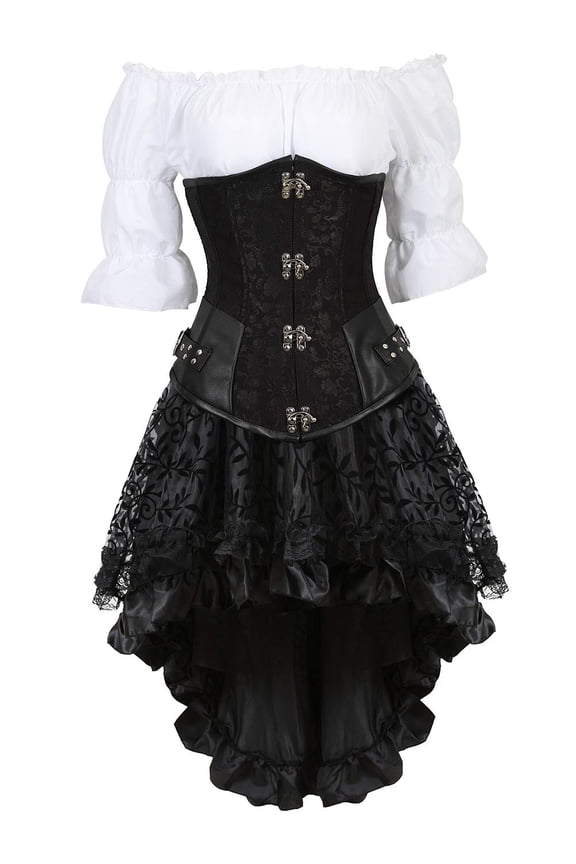 Steampunk Blouse, Waist Cincher Corset and Skirt 3 Piece Set Women 2XL Black