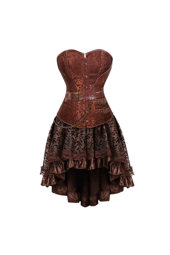 Steampunk Boned Corsets with Pirate Skirt Women M Brown