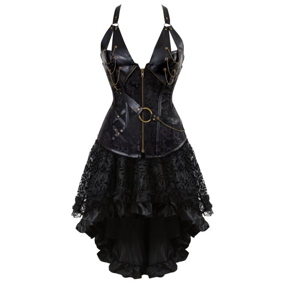 Grebrafan Steampunk Faux Leather Corsets with Tutu Skirt Women 2XL Black