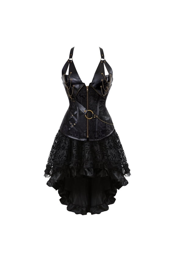 Steampunk Faux Leather Corsets with Tutu Skirt Women XXS Black