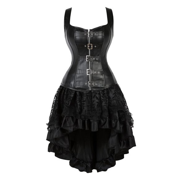Grebrafan Steampunk Leather Boned Corsets with Tutu Skirt Women 2XL Black