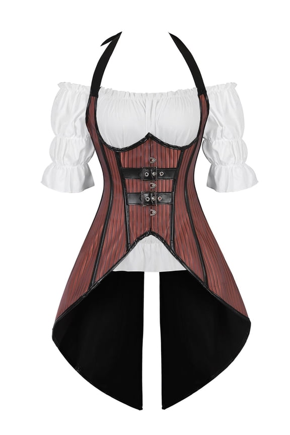 Steampunk Underbust Corset with Renaissance Blouse Women 2XL Brown
