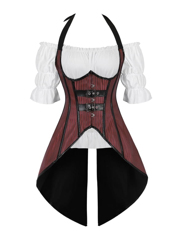 Steampunk Underbust Corset and Renaissance Blouse Women Set XL Dark Red