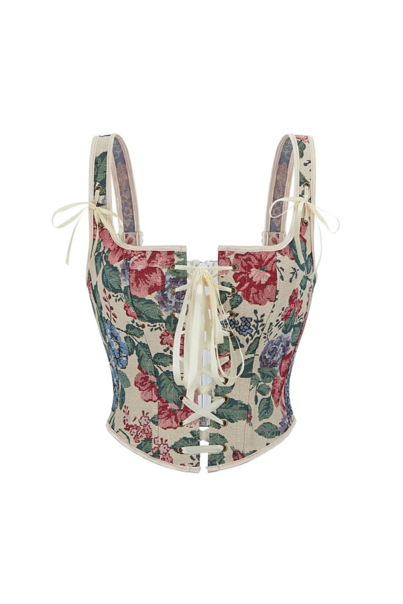 Vintage Brocade Bustier Corset with Strap Plus Size Beige XS