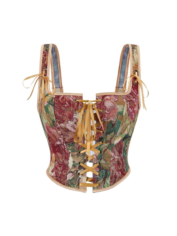 Vintage Brocade Bustier Corset with Strap Plus Size Gold M