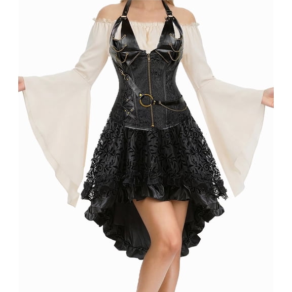 Grebrafan Women 3-Piece Steampunk Costume Set (Beige Blouse, Corset, Skirt) 7XL Black