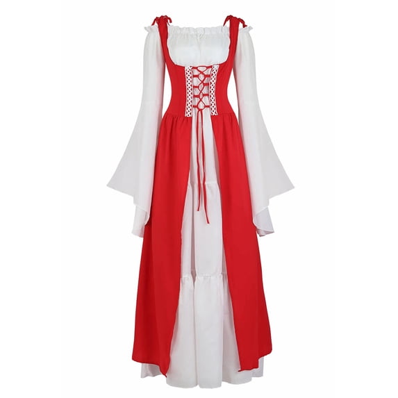 Grebrafan Women Renaissance Gothic Peasant Medieval Long Dress L red