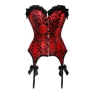 Grebrafan Women Vintage Floral Corset Bustier with Garter Red XS