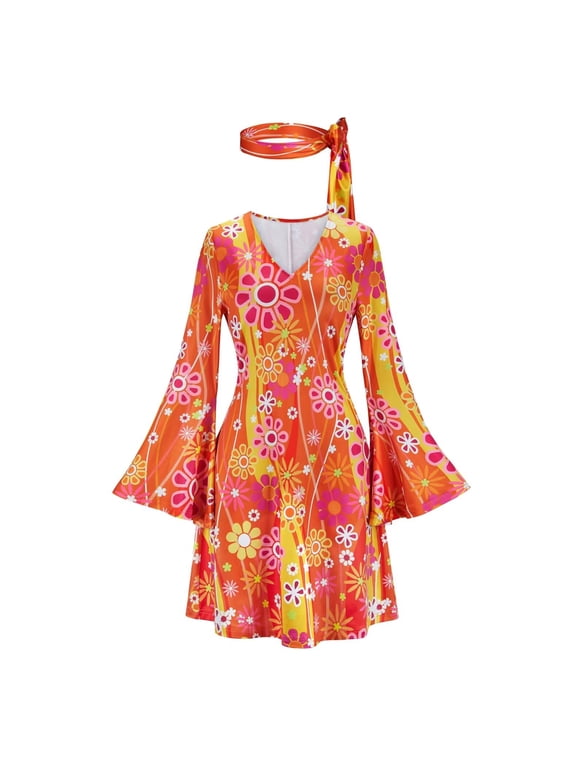 Women's Floral 60's 70's 80's Hippie Disco Dress L Orange