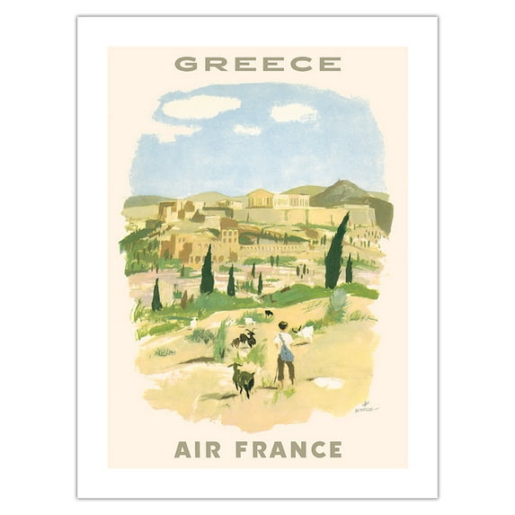 Greece - Acropolis of Athens - France - Vintage Airline Travel Poster by Georges Beuville c.1958 - Fine Art Matte Paper Print (Unframed) 24x32in