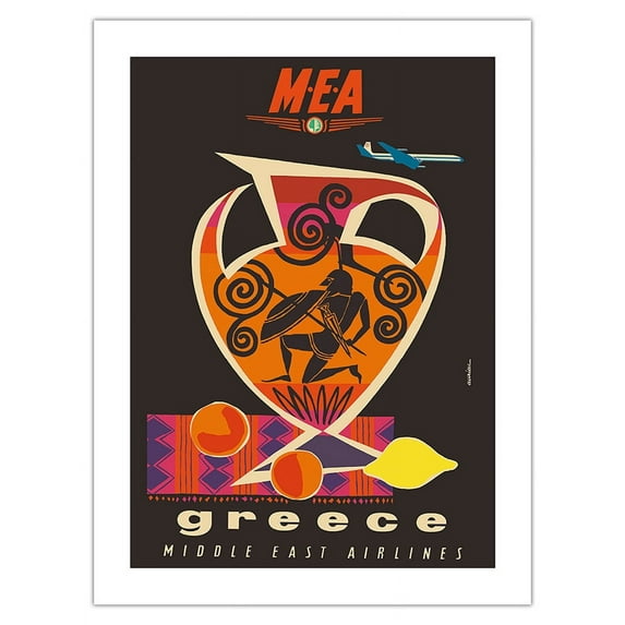 Greece - Amphora Ancient Greek Vase - Middle East Airlines (MEA) - Vintage Airline Travel Poster by Jacques Auriac c.1960s - Fine Art Matte Paper Print (Unframed) 18x24in