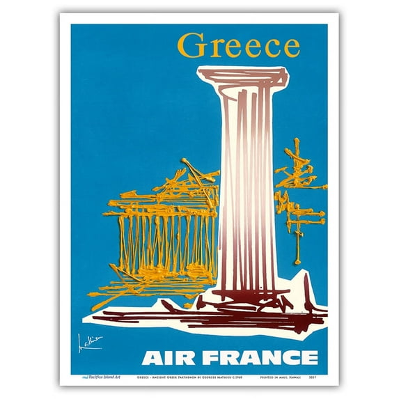 Greece - Ancient Greek Parthenon - Doric Column - France - Vintage Airline Travel Poster by Georges Mathieu c.1968 - Master Art Print (Unframed) 9in x 12in