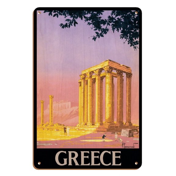 Greece - Ancient Temple of Zeus - Athens Greece - Vintage Travel Poster by Pierre Commarmond c.1930s - 8 x 12 inch Vintage Wood Art Sign