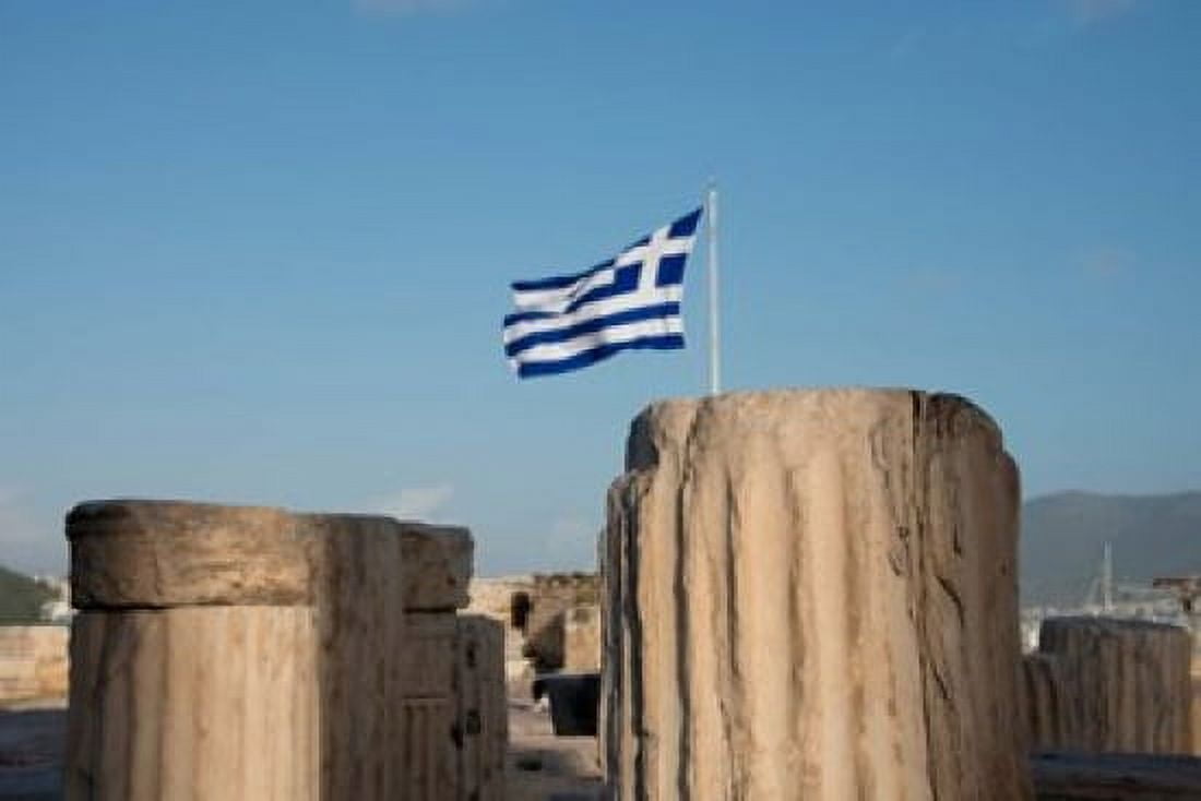 Greece Athens Acropolis Column ruins and Greek Flag Canvas Art - Cindy Miller Hopkins DanitaDelimont (37 x 25)