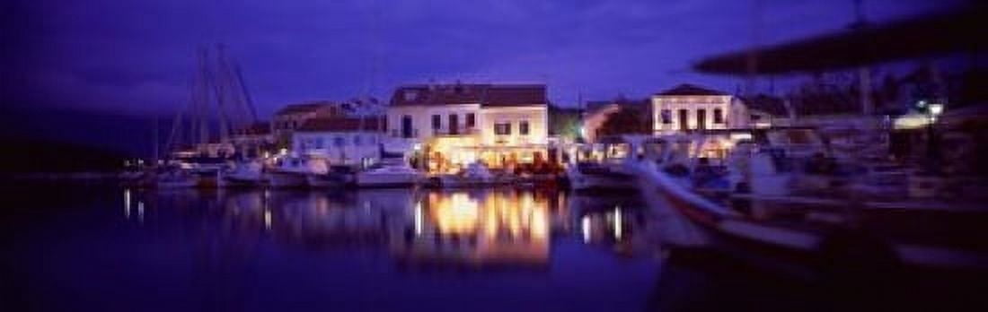 Greece Cephalonia Light illuminated on harbor and outdoors cafe Canvas Art - Panoramic Images (18 x 6)