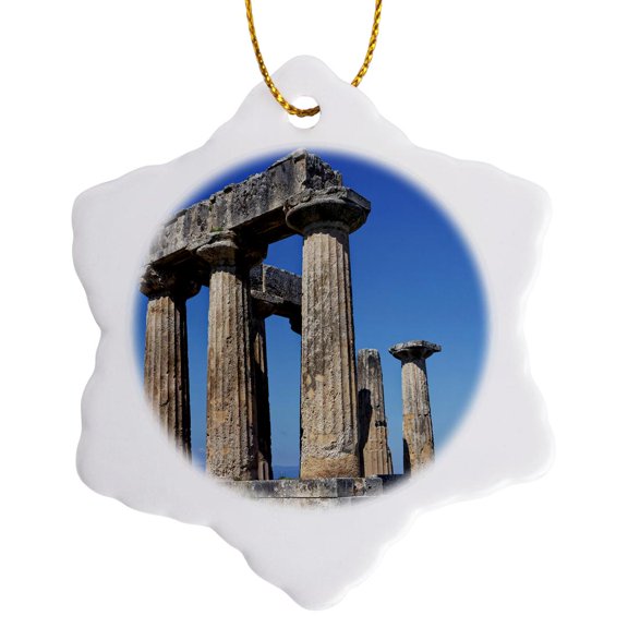 3drose, Greece, Corinth. Ruins of Temple of Apollo., 3 inch Snowflake Porcelain Ornament