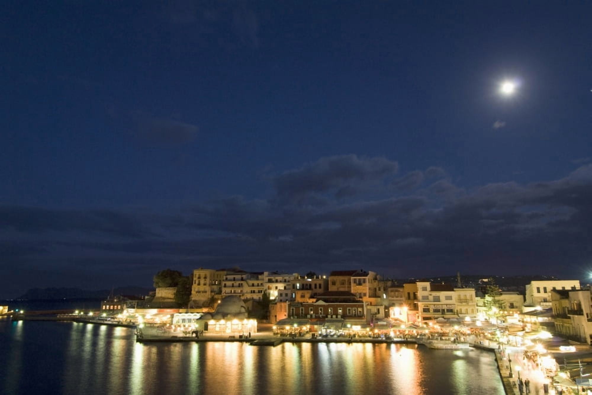 Greece Crete 16th Century Venetian Harbor at night Light reflecting in water Canvas Art - Richard Maschmeyer Design Pics (19 x 12)