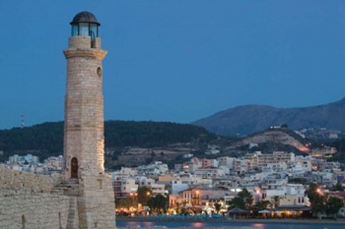 Greece Crete Rethymno Venetian Harbor Lighthouse Canvas Art - Walter Bibikow DanitaDelimont (35 x 23)
