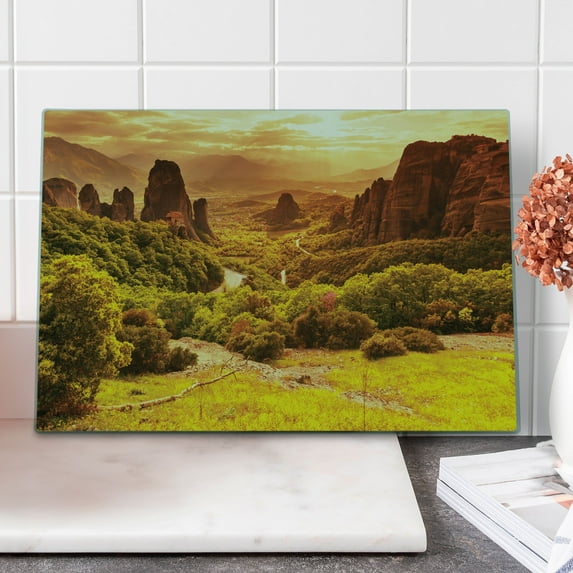 Greece Cutting Board, Meteora Monasteries in Greece Architecture Tourist Attractions, Decorative Tempered Glass Cutting and Serving Board, Large Size, Earth Yellow and Mustard, by Ambesonne