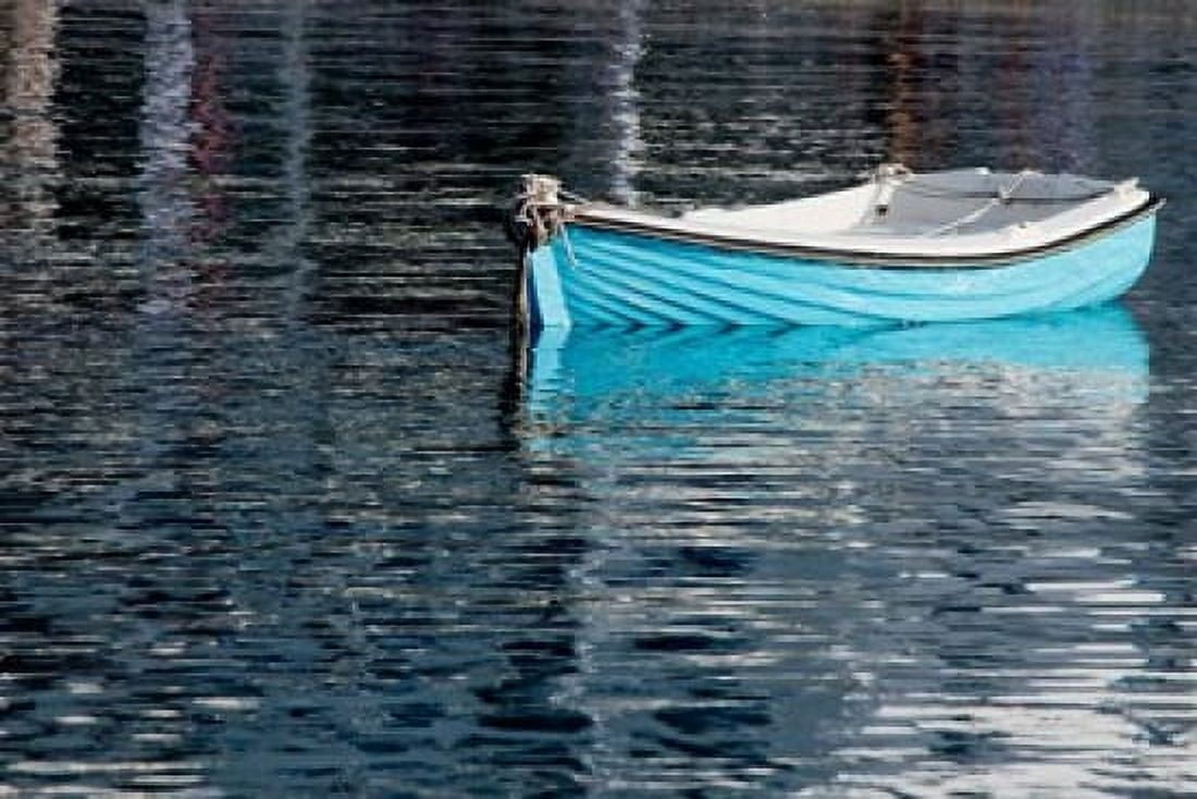Greece Cyclades Mykonos Hora Blue Fishing Boat with Reflection Canvas Art - Cindy Miller Hopkins DanitaDelimont (32 x 22)