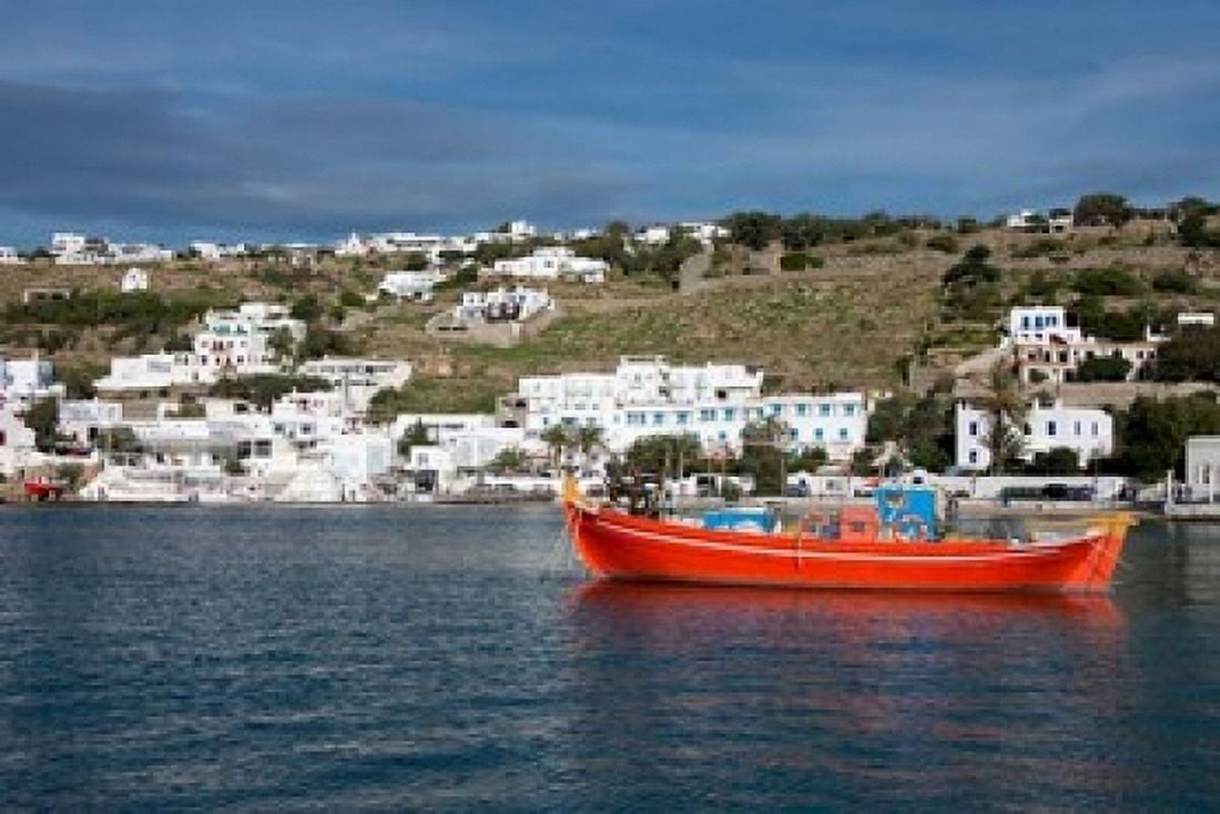 Greece Cyclades Mykonos Hora Harbor view with Greek fishing boat Canvas Art - Cindy Miller Hopkins DanitaDelimont (18 x 12)