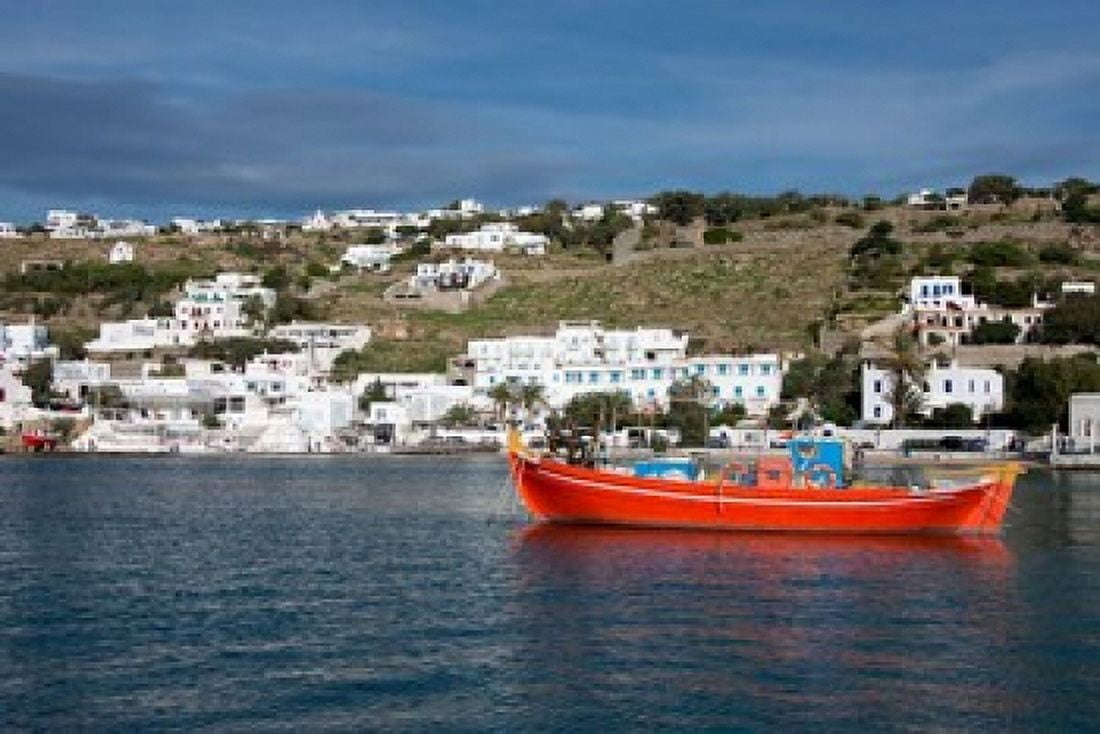 Greece Cyclades Mykonos Hora Harbor view with Greek fishing boat Canvas Art - Cindy Miller Hopkins DanitaDelimont (36 x 24)