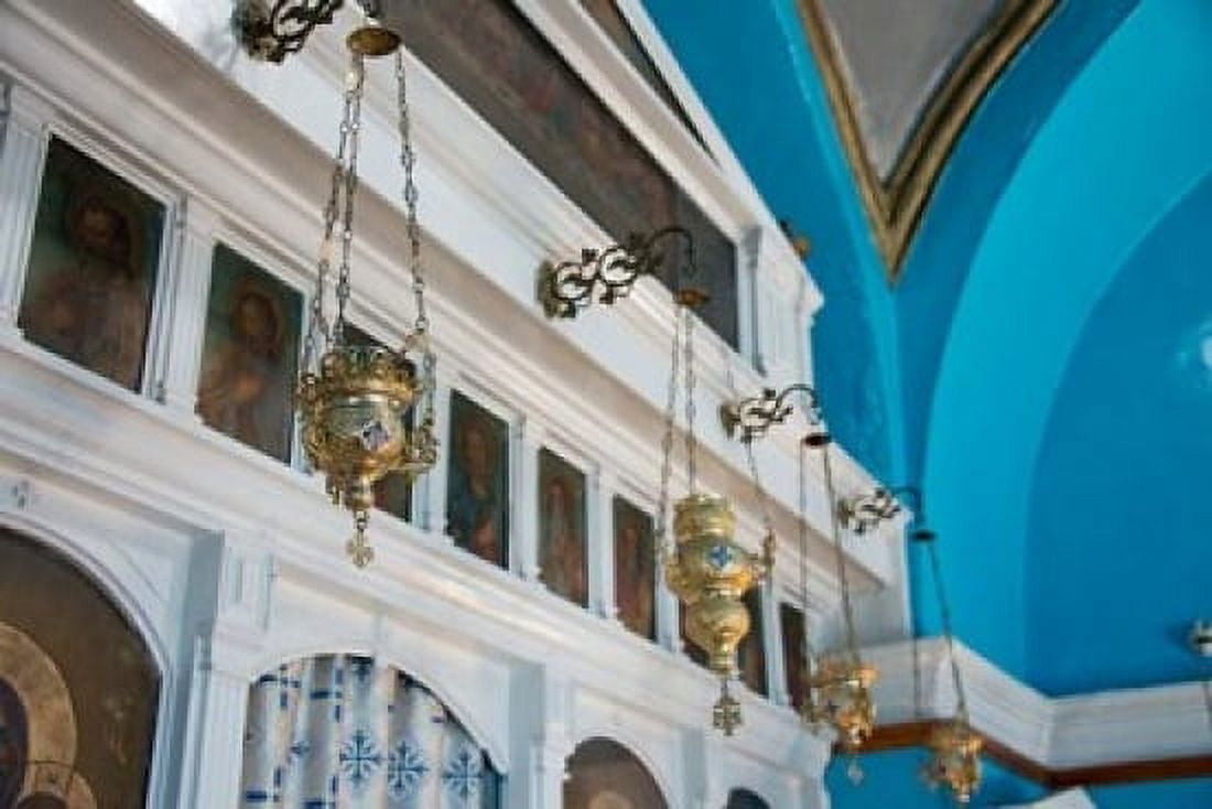 Greece Cyclades Mykonos Hora Wall icons and oil lamps of a church Canvas Art - Cindy Miller Hopkins DanitaDelimont (18 x 12)