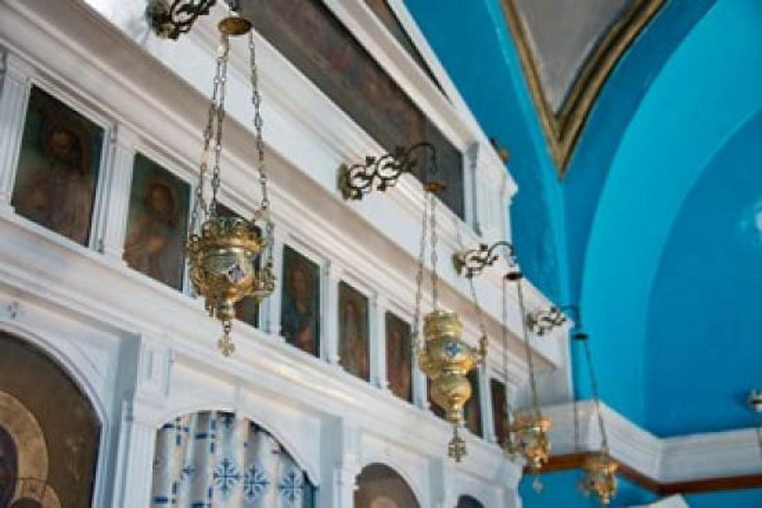Greece Cyclades Mykonos Hora Wall icons and oil lamps of a church Canvas Art - Cindy Miller Hopkins DanitaDelimont (37 x 25)