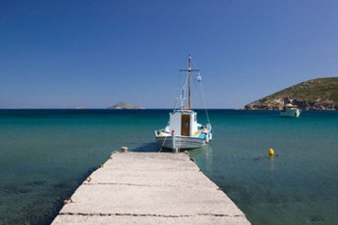 Greece Dodecanese Patmos Fishing boat Canvas Art - Walter Bibikow DanitaDelimont (35 x 23)