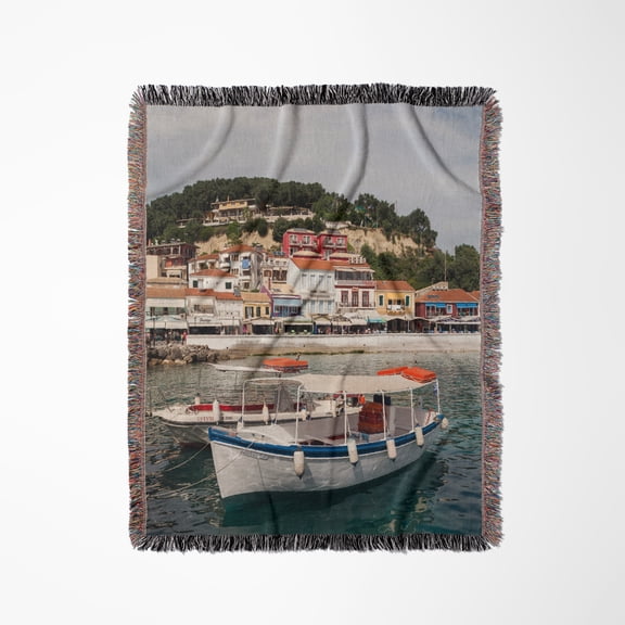 Greece, Epirus, Parga, Town View From The Harbor, Woven Blanket