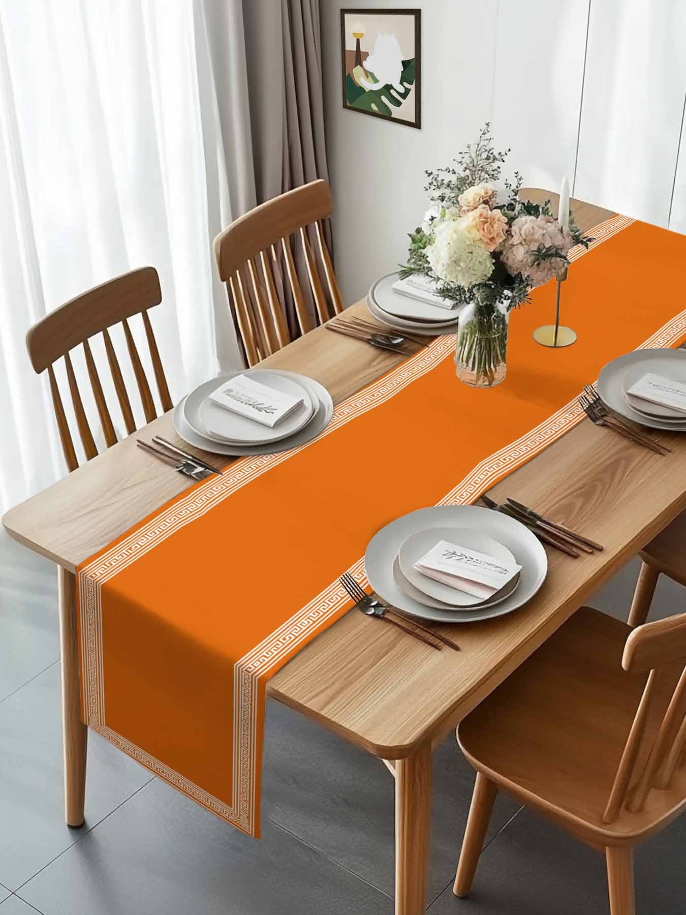Greece Geometric Key Design Table Runner 90 Inches Long, Abstract Stripe Art on Orange Table Runners Tabletop Scarf Kitchen Dining Tables Decoration for Home Party Indoor Outdoor