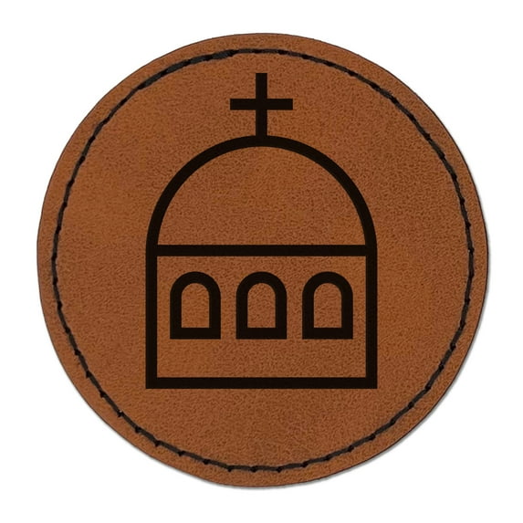 Greece Greek Symbol Church Dome 2.5" Faux Leather Round Engraved Iron-On Patch - Brown