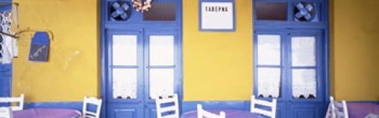 Greece Hydra Empty restaurant Canvas Art - Panoramic Images (36 x 12)
