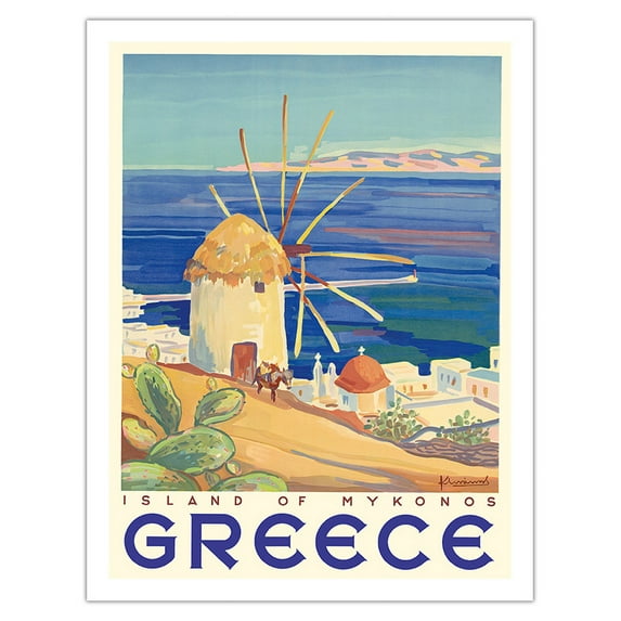 Greece - Island of Mykonos - Vintage Travel Poster c.1949 - Fine Art Matte Paper Print (Unframed) 20x26in