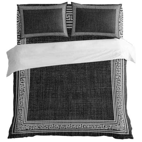 Greece Key Design Black White King Size Bed Set,Vintage Burlap Linen Bedding for All Seasons,4 Pcs Bed Set with 1 Quiltcover (104"x90"),1 Sheet (108"x98"),2 Pillowcases (20"x36")