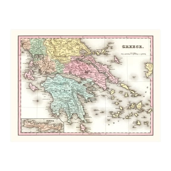 Greece Map, 1842 Vintage Map of Greece History Wall Decor Gift, Old Greece Map - 24" x 18" Unframed Print