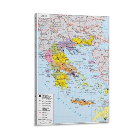 Greece Map Posters Painting On Canvas Wall Art Poster Scroll Picture Print Living Room Walls Decor Home Posters 16x24inch(40x60cm)
