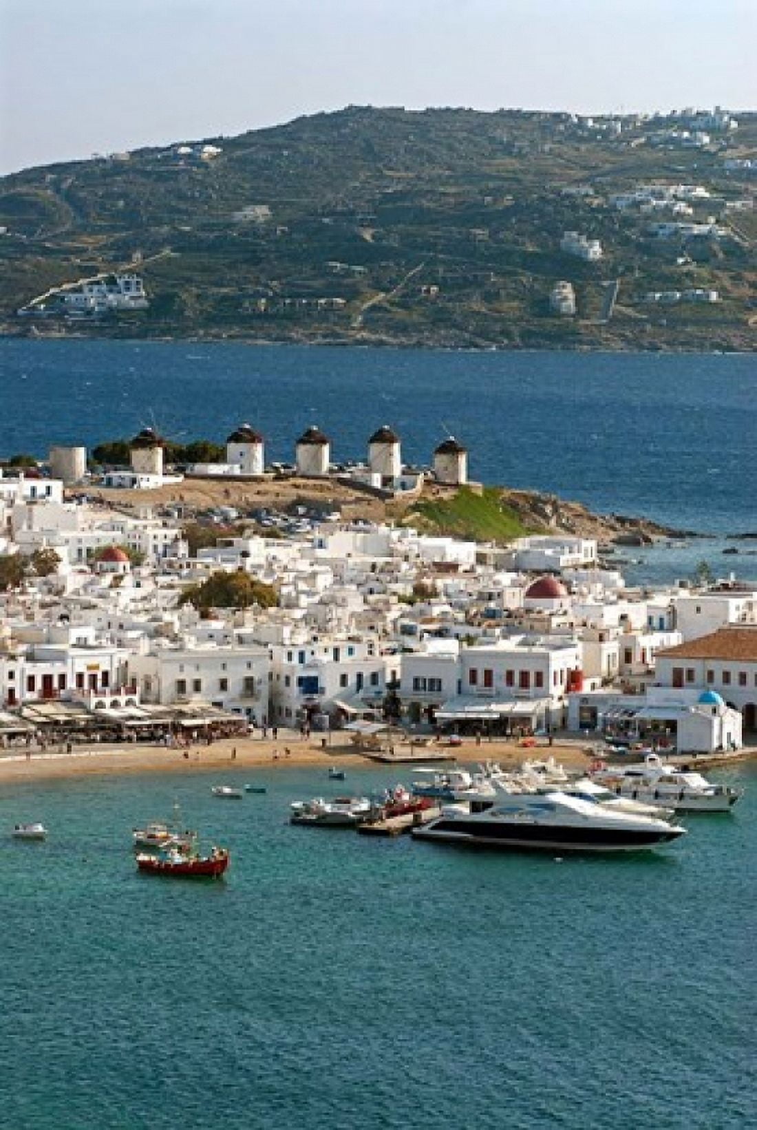 Greece Mykonos Chora Inner Harbor of Mykonos Canvas Art - David Noyes DanitaDelimont (24 x 35)