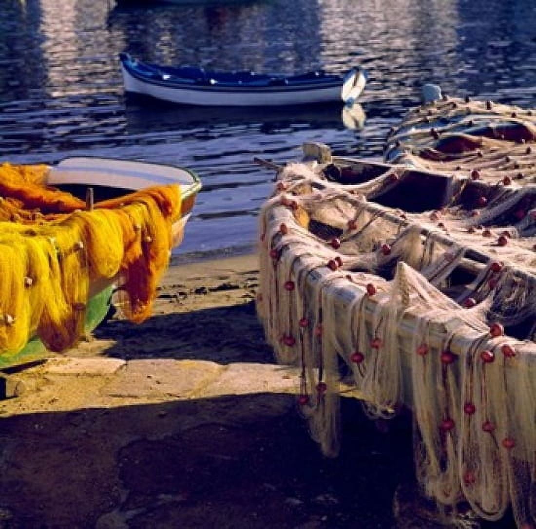 Greece Mykonos Fishing Nets on Boats Canvas Art - Ric Ergenbright DanitaDelimont (31 x 30)